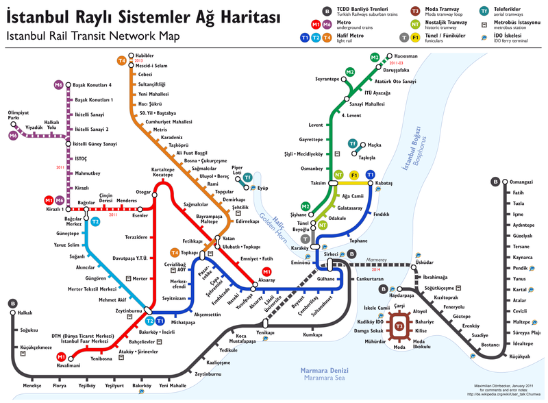 stanbul Rayl Sistem Haritas, Metro, Hafif Metro, Tramvay, Banliy Trenleri, Metrobs, Fnikler ve Teleferik Gei Yollar, Haritada Rayl Sistemlerin Gei Noktalar ve Duraklar